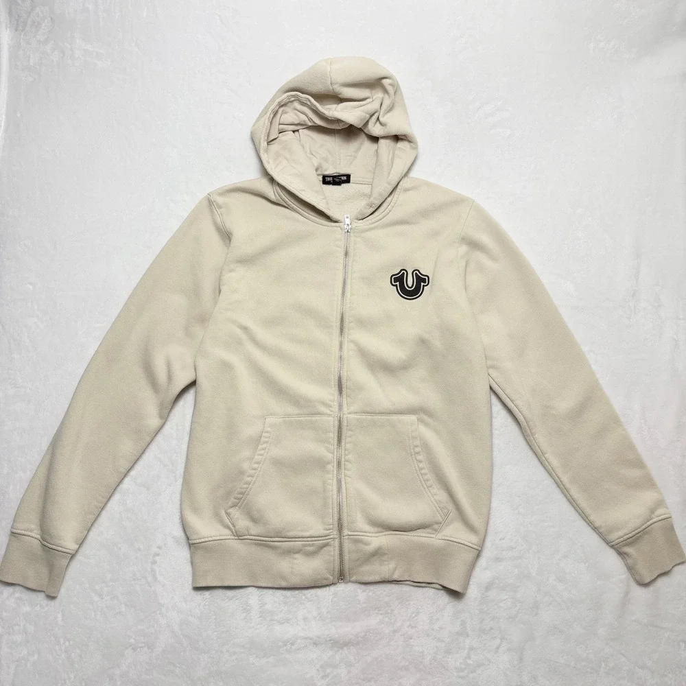 True Religion Mens Core Zip Up Hoodie Cream Buddha Graphic 105621R Large